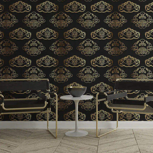 Black Gold Art Deco Cloud Wallpaper – Luxury Asian-Inspired Peel-and-Stick Design