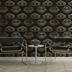 Black Gold Art Deco Cloud Wallpaper – Luxury Asian-Inspired Peel-and-Stick Design