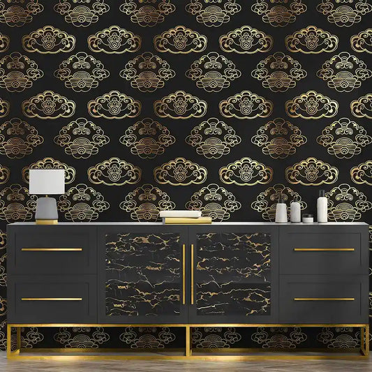 Black Gold Art Deco Cloud Wallpaper Luxury Asian Inspired Pattern Elegant Design