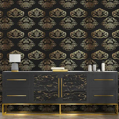 Black Gold Art Deco Cloud Wallpaper – Luxury Asian-Inspired Peel-and-Stick Design