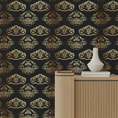 Black Gold Art Deco Cloud Wallpaper – Luxury Asian-Inspired Peel-and-Stick Design