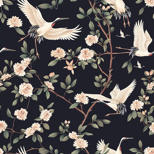 Black Crane Bird Wallpaper Floral Branch Asian Botanical Elegant Design