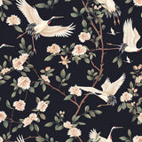Black Crane Bird Floral Branch Wallpaper – Asian Botanical Peel-and-Stick Design