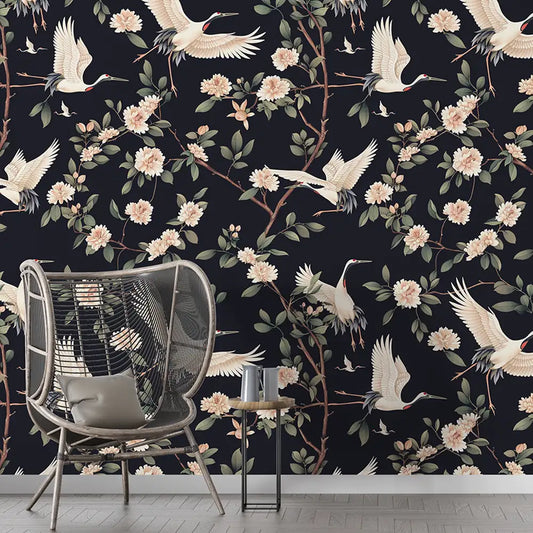 Black Crane Bird Wallpaper Floral Branch Asian Botanical Elegant Design