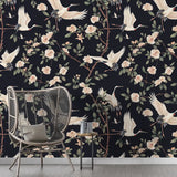 Black Crane Bird Floral Branch Wallpaper – Asian Botanical Peel-and-Stick Design