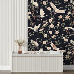 Black Crane Bird Floral Branch Wallpaper – Asian Botanical Peel-and-Stick Design