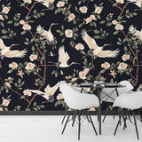 Black Crane Bird Floral Branch Wallpaper – Asian Botanical Peel-and-Stick Design