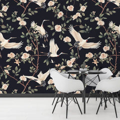 Black Crane Bird Floral Branch Wallpaper – Asian Botanical Peel-and-Stick Design