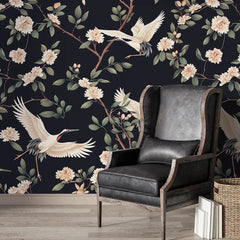 Black Crane Bird Floral Branch Wallpaper – Asian Botanical Peel-and-Stick Design