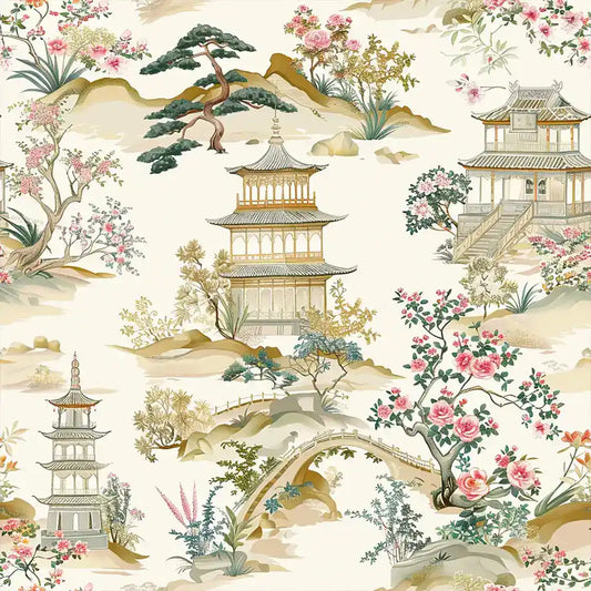 Beige Chinoiserie Landscape Wallpaper Pagoda Garden Floral Asian Elegant Design
