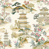 Beige Chinoiserie Landscape Wallpaper – Pagoda Garden Peel-and-Stick Elegant Design
