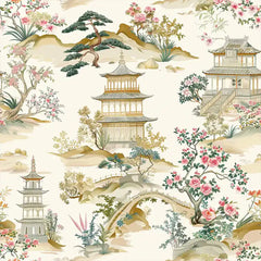 Beige Chinoiserie Landscape Wallpaper – Pagoda Garden Peel-and-Stick Elegant Design