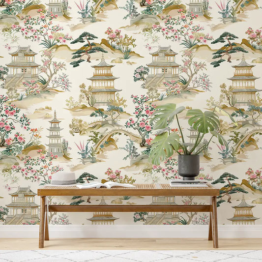 Beige Chinoiserie Landscape Wallpaper – Pagoda Garden Peel-and-Stick Elegant Design