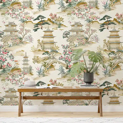 Beige Chinoiserie Landscape Wallpaper – Pagoda Garden Peel-and-Stick Elegant Design