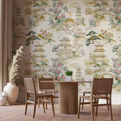 Beige Chinoiserie Landscape Wallpaper – Pagoda Garden Peel-and-Stick Elegant Design