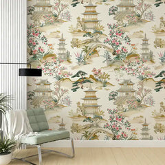 Beige Chinoiserie Landscape Wallpaper – Pagoda Garden Peel-and-Stick Elegant Design