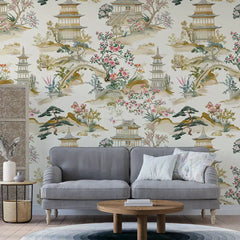 Beige Chinoiserie Landscape Wallpaper – Pagoda Garden Peel-and-Stick Elegant Design