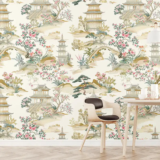 Beige Chinoiserie Landscape Wallpaper Pagoda Garden Floral Asian Elegant Design