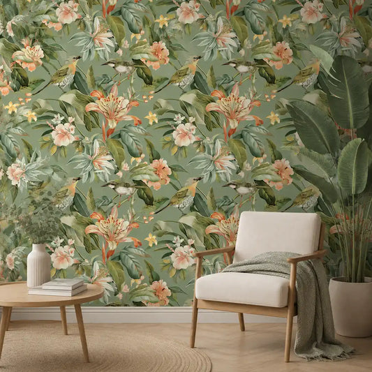 Sage Garden Bird Wallpaper – Botanical Peel-and-Stick Bedroom Living Room Design