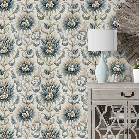 Vintage Blue Floral Damask Wallpaper Elegant Classic Botanical Wall Design