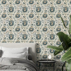 Vintage Blue Floral Damask Wallpaper – Classic Elegant Peel-and-Stick Bedroom Design