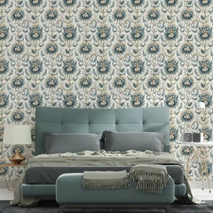Vintage Blue Floral Damask Wallpaper – Classic Elegant Peel-and-Stick Bedroom Design