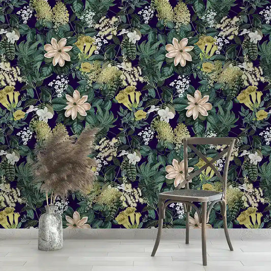 Midnight Jungle Floral Wallpaper – Bold Dark Botanical Peel-and-Stick Bedroom Design