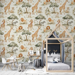 Cute Safari Animal Wallpaper – Nursery Kids Room Peel-and-Stick Removable Design