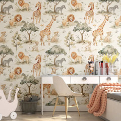 Cute Safari Animal Wallpaper – Nursery Kids Room Peel-and-Stick Removable Design