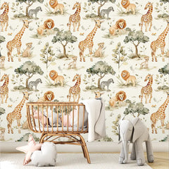 Cute Safari Animal Wallpaper – Nursery Kids Room Peel-and-Stick Removable Design