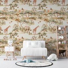 Neutral Safari Wallpaper – Calm Beige Peel-and-Stick Kids Nursery Design