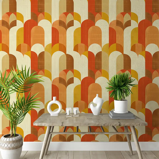 Retro Orange and Mustard Geometric Wall Mural – Bold Peel-and-Stick Living Room Design