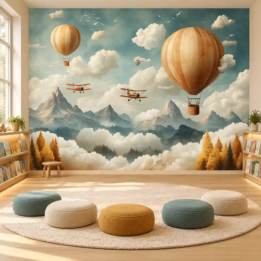 Adventure nursery wall mural with hot air balloons and mountains in a playroom