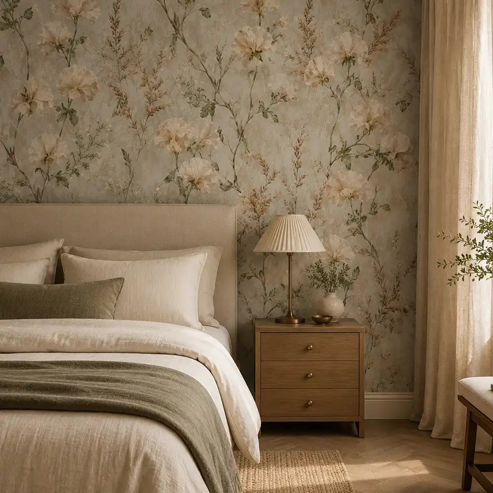 Airy ivory sweet pea garden wallpaper chosen for a dining room wall.