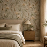 Airy ivory sweet pea garden wallpaper chosen for a dining room wall.