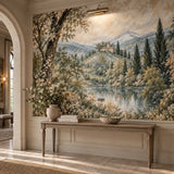 Arched hallway with console table and a vintage botanical landscape wall mural