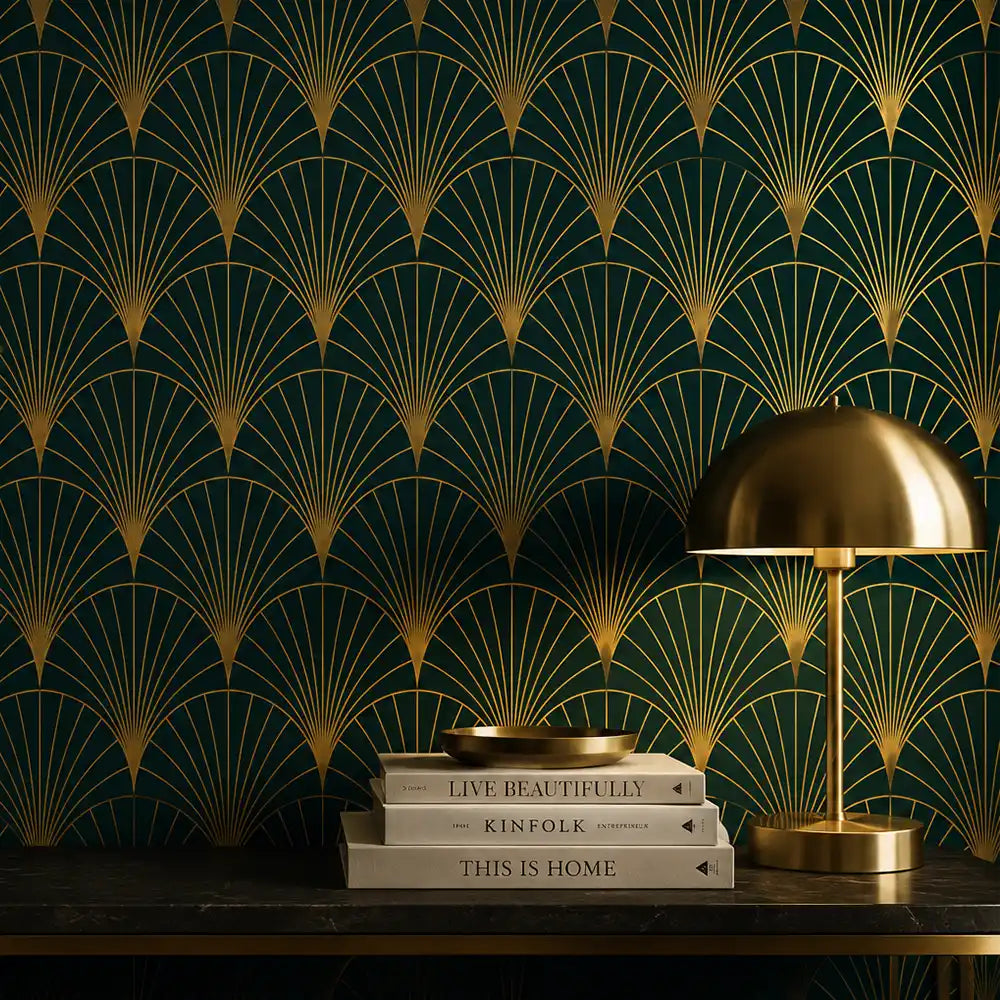 Geometric fan wallpaper in dusty rose colorway, feminine art deco bedroom accent