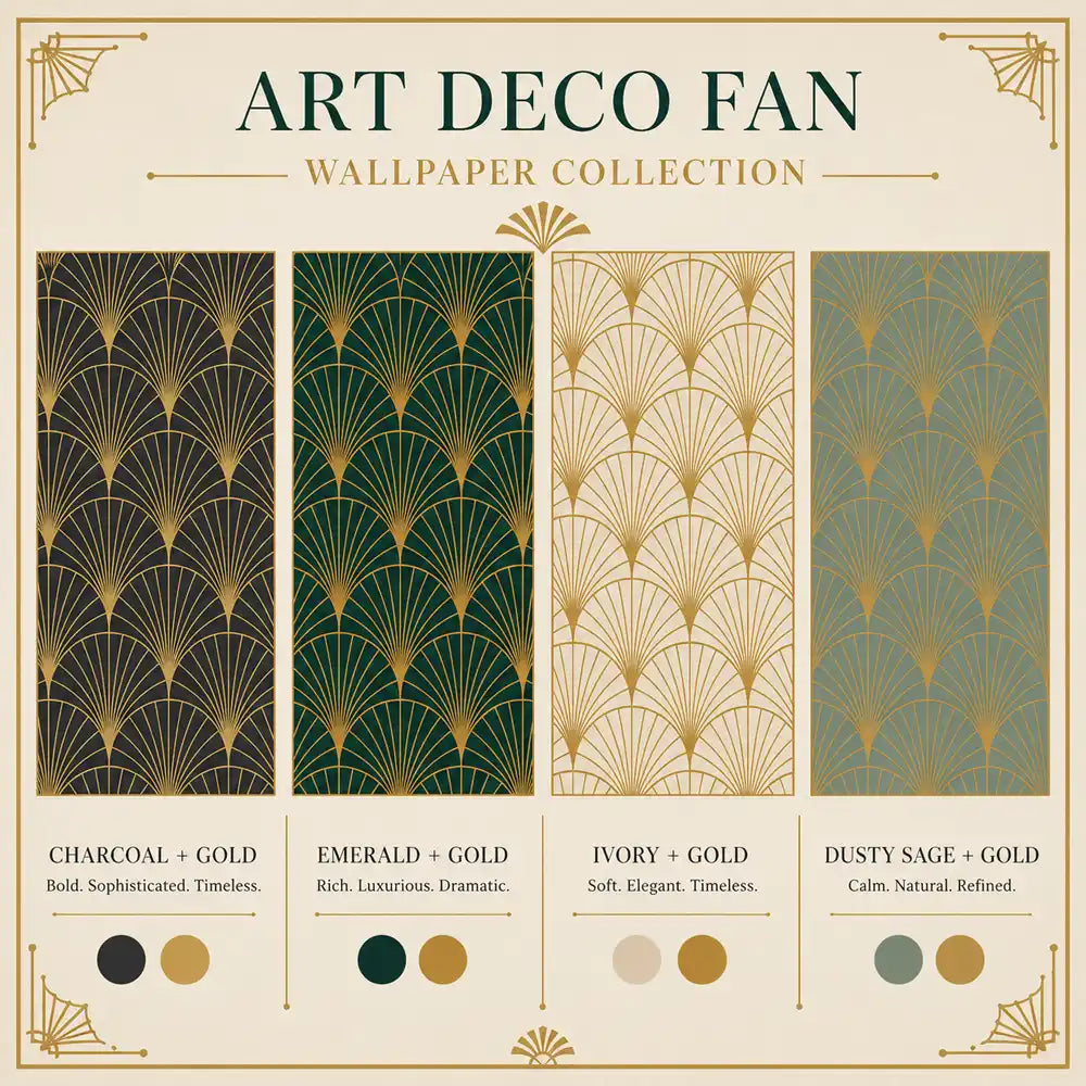 Art deco fan wallpaper collection in emerald green, geometric fan pattern bedroom wall
