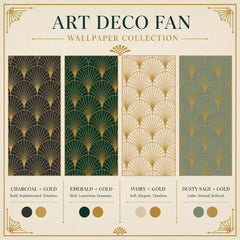 Art deco fan wallpaper collection in emerald green, geometric fan pattern bedroom wall