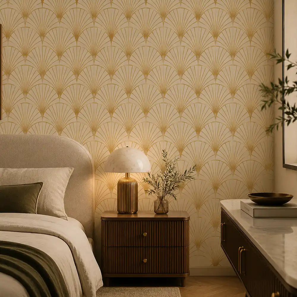 Art deco wallpaper full room installation in living room, bold fan repeat pattern