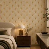 Art deco wallpaper full room installation in living room, bold fan repeat pattern