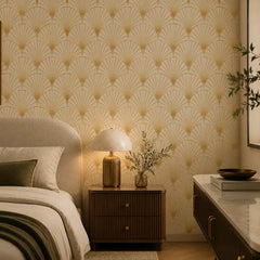 Art deco wallpaper full room installation in living room, bold fan repeat pattern
