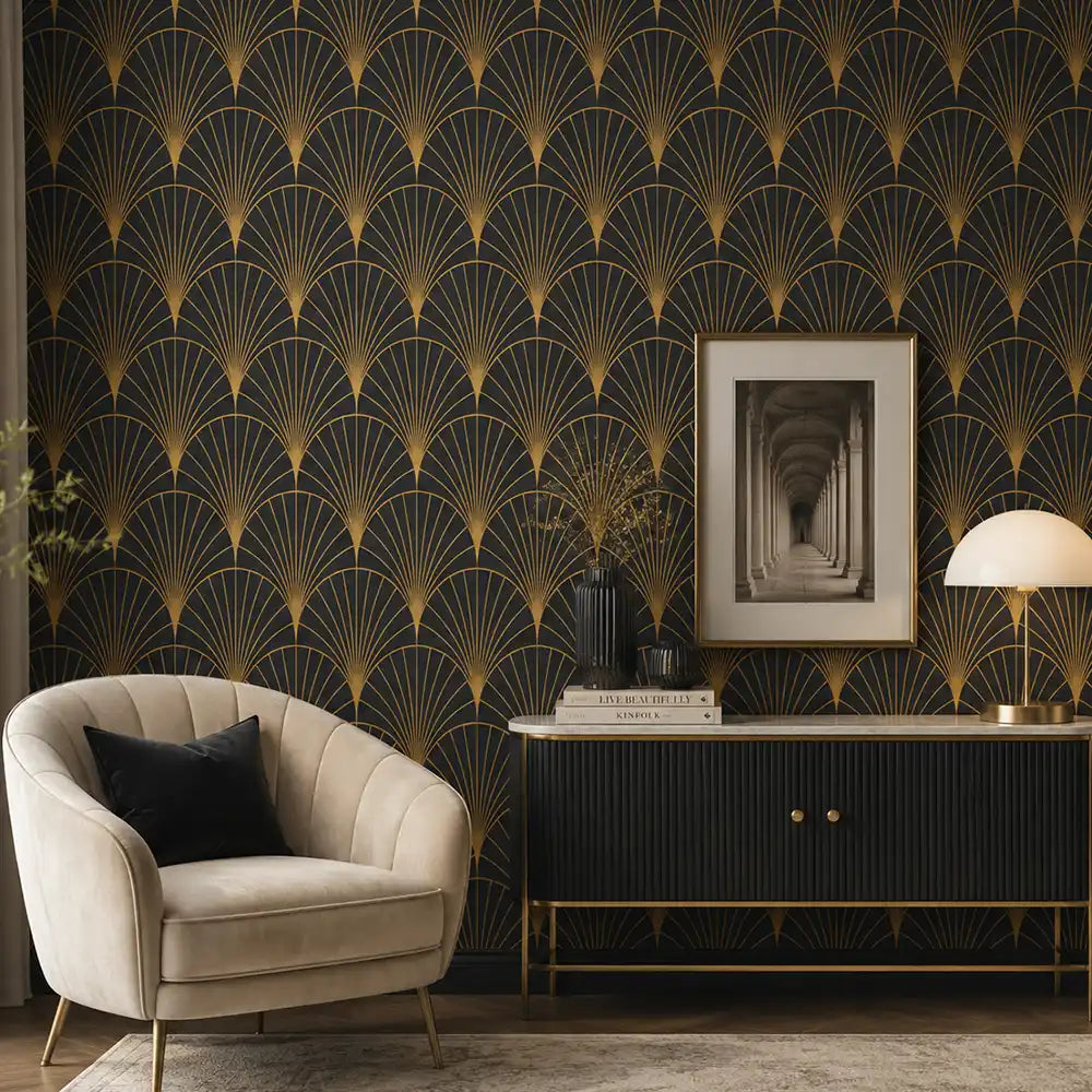 Art deco fan removable wallpaper sample showing scale tile and color combination