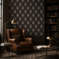 Geometric fan pattern wallpaper full wall view, art deco bedroom accent installation