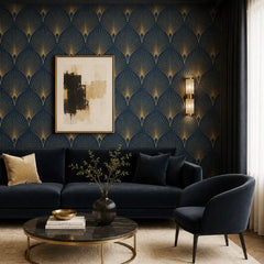 Close-up of art deco fan motif wallpaper showing gold line detail and texture