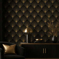 Peel-and-stick art deco wallpaper in navy and gold, luxurious dining room accent wall