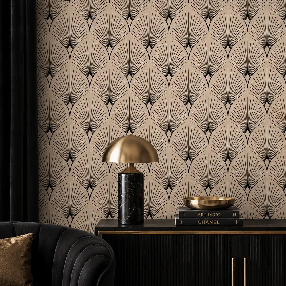 Art deco fan wallpaper in sage green colorway, elegant living room feature wall