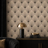 Art deco fan wallpaper in sage green colorway, elegant living room feature wall