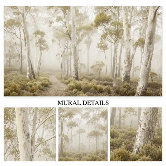 Detail view of atmospheric misty forest mural with soft sage trees and foggy path