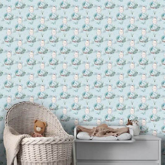 Baby giraffe rainy jungle kids room nursery wallpaper creates a fun theme.